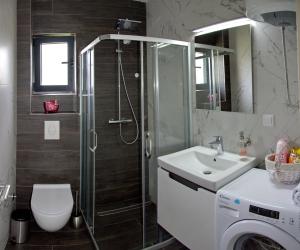 uma casa de banho com um chuveiro, um WC e um lavatório. em Ralux apartman Tivat em Tivat