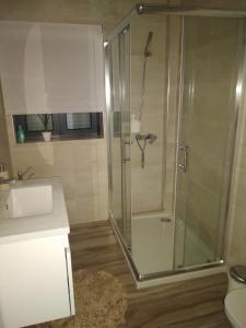 a bathroom with a shower with a glass door at CS Casas Turísticas in Nazaré