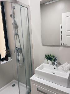 bagno con lavandino bianco e doccia di Apartamentos Pozo Amarillo a Salamanca