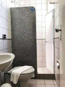 a bathroom with a shower and a toilet and a sink at Hotel Serra das Águas in Goiânia