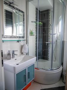 y baño con lavabo y ducha acristalada. en Villa Volga en Jelsa