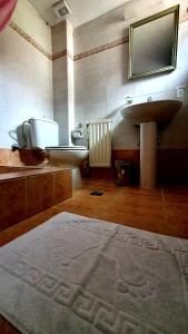 a bathroom with a sink and a tub and a rug at Varosi Guesthouse in Edessa