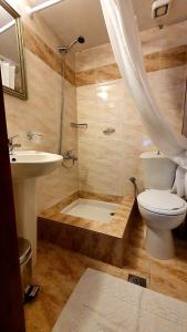 uma casa de banho com um WC, um chuveiro e um lavatório. em Varosi Guesthouse em Edessa