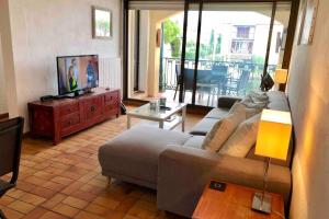 uma sala de estar com um sofá e uma televisão em Charming apartment in Port Grimaud em Grimaud