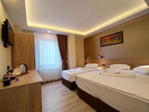 een hotelkamer met 2 bedden en een televisie bij Palmiye Royale Palace in Edirne
