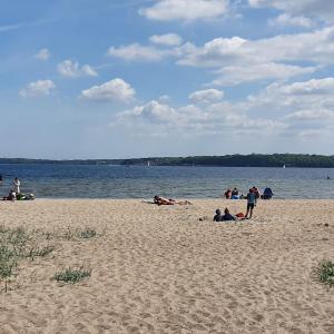 a group of people on a beach near the water at Am Strand in Harrislee