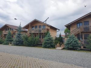 a couple of log homes with a road in front at Daiana Residence Cabane in Turda +32 photos