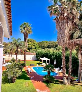 uma piscina com palmeiras num quintal em B&B A Casa Di Joy em Lecce