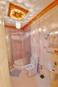 La salle de bains est pourvue de toilettes, d'une douche et d'un lavabo. dans l'établissement seasidehouse, à Ordu
