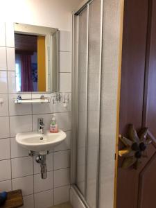 a bathroom with a sink and a shower with a mirror at Villa Brandstätter in Heiligenblut