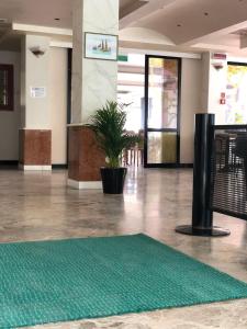 un gran vestíbulo con una alfombra verde en el suelo en Hotel Artide en Rímini
