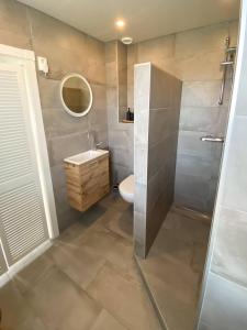 La salle de bains est pourvue d'une douche, d'un lavabo et de toilettes. dans l'établissement B&B Dichtbij Zee, à Westkapelle