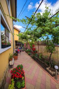 une terrasse avec des fleurs rouges et une clôture dans l'établissement Vila Levent Mangalia, à Mangalia