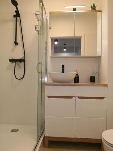 La salle de bains est pourvue d'un lavabo et d'une douche. dans l'établissement Apartament LUCKY, à Świnoujście
