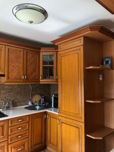 cocina con armarios de madera y techo en Апартаменти по Сковороди en Khmelʼnytsʼkyy