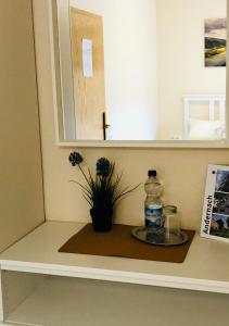 una botella de agua en un estante con una planta en Gasthaus Stammbaum, en Andernach