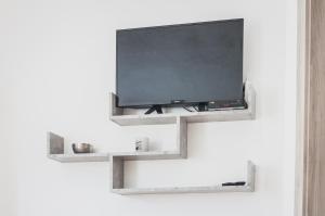 TV de pantalla plana en una pared con estantería en Apartmaji Hrast - Podbela, en Podbela