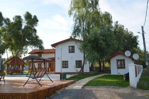 een huis met een terras en een schommel bij Dumbrava in Uzlina