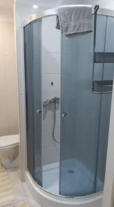 a shower with a glass door in a bathroom at Szoba konyha lakas in Komárno