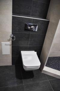 a bathroom with a toilet and a black wall at Corner House in Odesa +84 photos