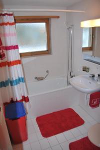 ein Bad mit einer Badewanne, einem Waschbecken und einer Dusche in der Unterkunft Ferienwohnung Bürchen in Bürchen