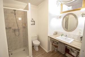 La salle de bains est pourvue d'une douche, de toilettes et d'un lavabo. dans l'établissement Les 4 saisons, à Graye-sur-Mer