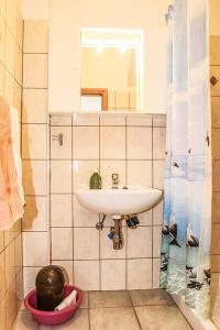 a bathroom with a sink and a mirror at Apartmani Miljak Trpanj in Trpanj