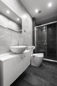 uma casa de banho com um lavatório, um WC e um chuveiro em Blue Flag, Nilie Hospitality MGMT em Olympiakí Aktí