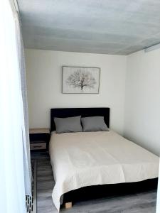 Un dormitorio con una cama en una habitación blanca. en Smeltale apartament 3, en Klaipėda