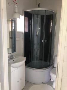 een badkamer met een douche, een wastafel en een toilet bij STAŁY LĄD in Ustronie Morskie