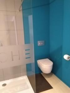 ein Bad mit einem WC und einer blauen Wand in der Unterkunft B&B Hoeven Het Gehucht in Overpelt + 9 Fotos