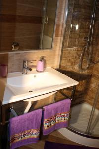 a bathroom with a sink and a shower with purple towels at Shelisa B&B in Rome