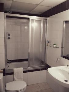 een badkamer met een douche, een toilet en een wastafel bij Cascadas de Puente Ra in Villoslada de Cameros