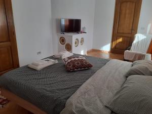 a bedroom with a bed with two pillows on it at Pensiunea Costesti in Costeşti