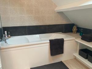 a bathroom with a bath tub and a sink at La Mardelle in Saint-Gervais-la-Forêt