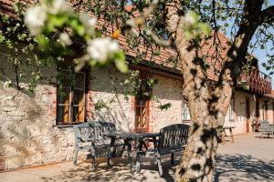 a picnic table and chairs in front of a building at Karlamuiza Country Hotel in Kārļi