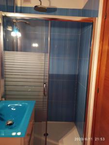 a bathroom with a shower and a blue sink at Vilar Norte in Bueu