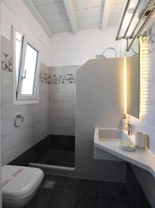 a bathroom with a sink and a toilet at Nostos Beachfront Apartments & Studios in Agios Ioannis