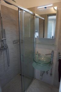 een badkamer met een glazen douche en een wastafel bij Tihany Apartment Lake View in Tihany