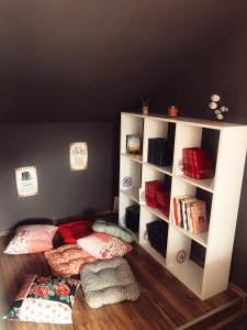 a room with two pillows and a book shelf at Kućica na Jezeru Ovčarsko-kablarska klisura Boat Access Only in Čačak