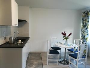 a kitchen and dining room with a table and chairs at Pokoje Gościnne PLUS in Ustka