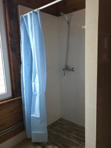 a shower with a blue shower curtain in a bathroom at Akacia in Svityazʼ +5 photos