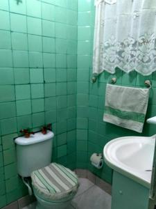 uma casa de banho com azulejos verdes, um WC e um lavatório. em Casa Rodriguez " Expo Center Norte " em São Paulo