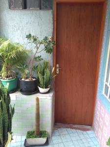 uma porta de madeira com um monte de vasos de plantas em Casa Rodriguez " Expo Center Norte " em São Paulo