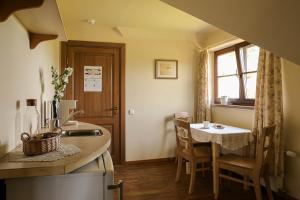 a kitchen with a sink and a table with chairs at Karlamuiza Country Hotel in Kārļi