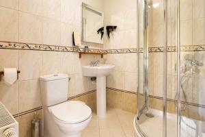 a bathroom with a toilet and a sink and a shower at Karlamuiza Country Hotel in Kārļi