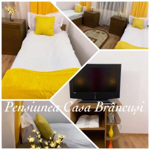 a collage of photos of a room with a bed and a tv at Pensiunea Casa Brancusi in Peştişani