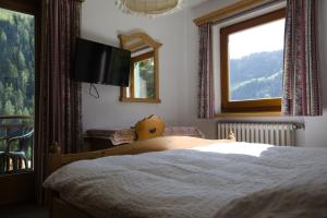 a bedroom with a bed with a television and a window at Villa Ula Verda- Apartments Marianna in Santa Cristina in Val Gardena