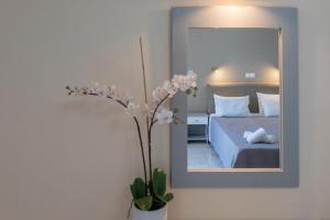 a bedroom with a bed and a mirror and a plant at eleni studios in Vlachata