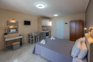a living room with a bed and a kitchen at eleni studios in Vlachata